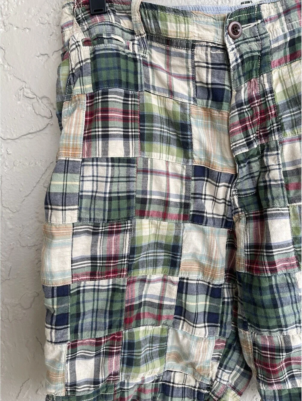 J Crew Shorts Men's 32W Multicolor Madras Plaid Patchwork Field Shorts.